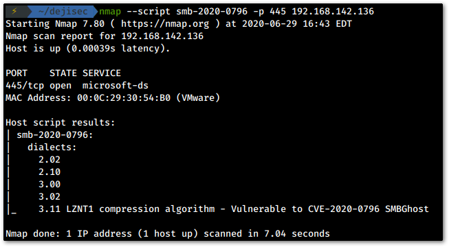 Nmap enumeration showing vulnerable SMB version